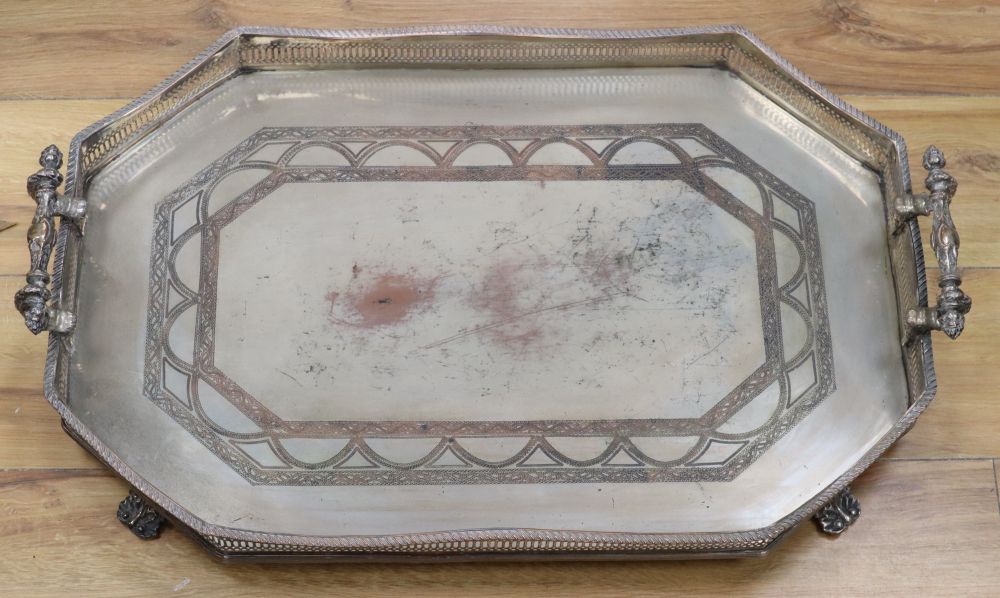 A plated two-handled gallery tray, width 65cm